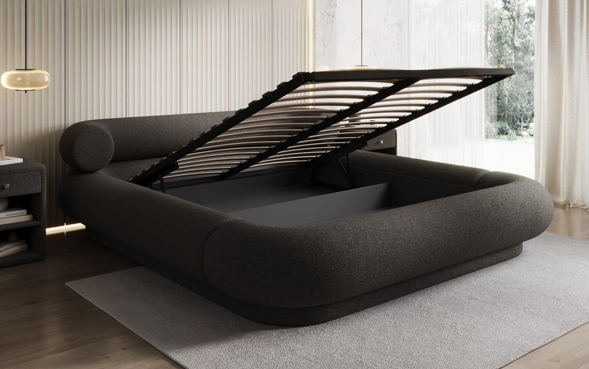 Designer gestoffeerd bed Mochi in Teddystof Bouclé met opbergruimte