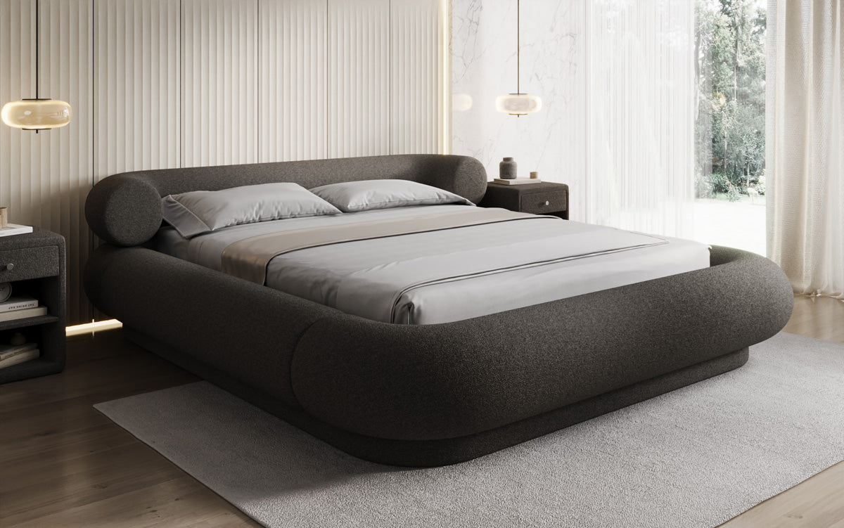 Designer gestoffeerd bed Mochi in Teddystof Bouclé met opbergruimte