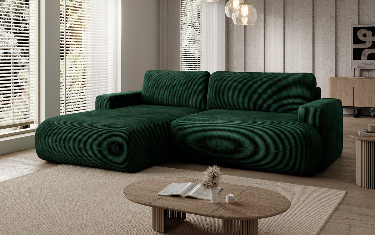 Designer hoekbank Enzo met slaap- en uitklapfunctie in Ribstof