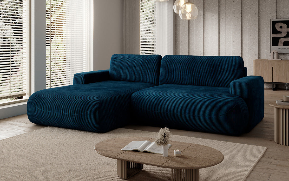 Designer hoekbank Enzo met slaap- en uitklapfunctie in Ribstof