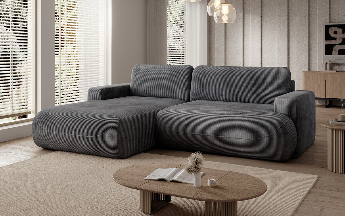 Designer hoekbank Enzo met slaap- en uitklapfunctie in Ribstof