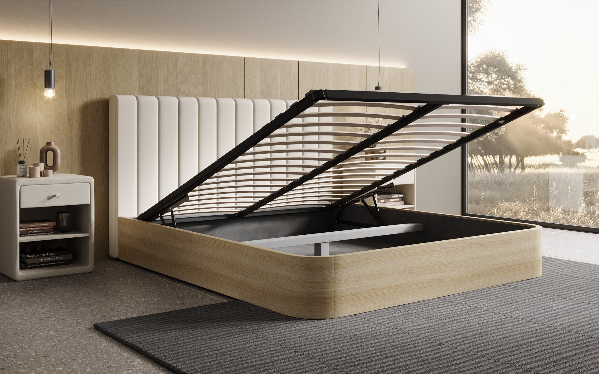 Designer gestoffeerd bed Fiore Linea in Stof met opbergruimte
