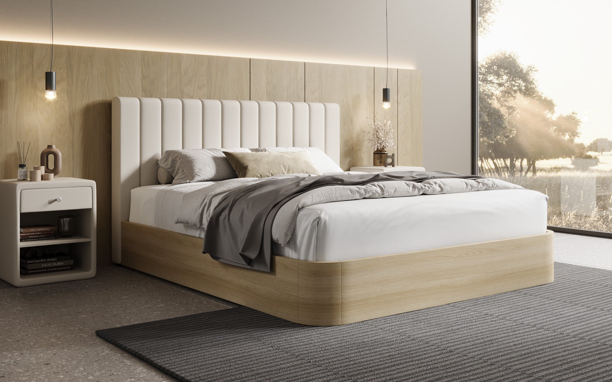 Designer gestoffeerd bed Fiore Linea in Stof met opbergruimte