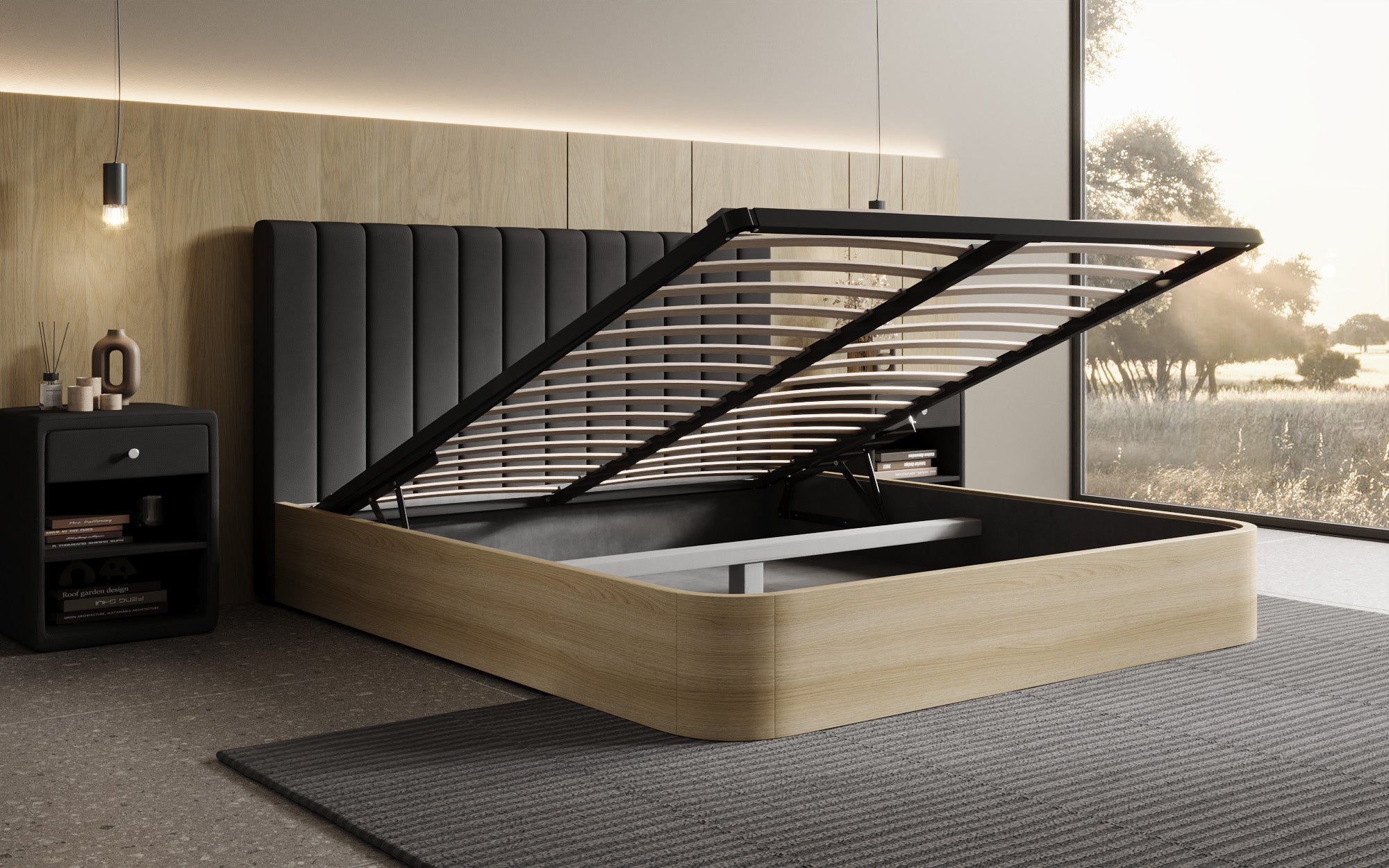 Designer gestoffeerd bed Fiore Linea in Stof met opbergruimte