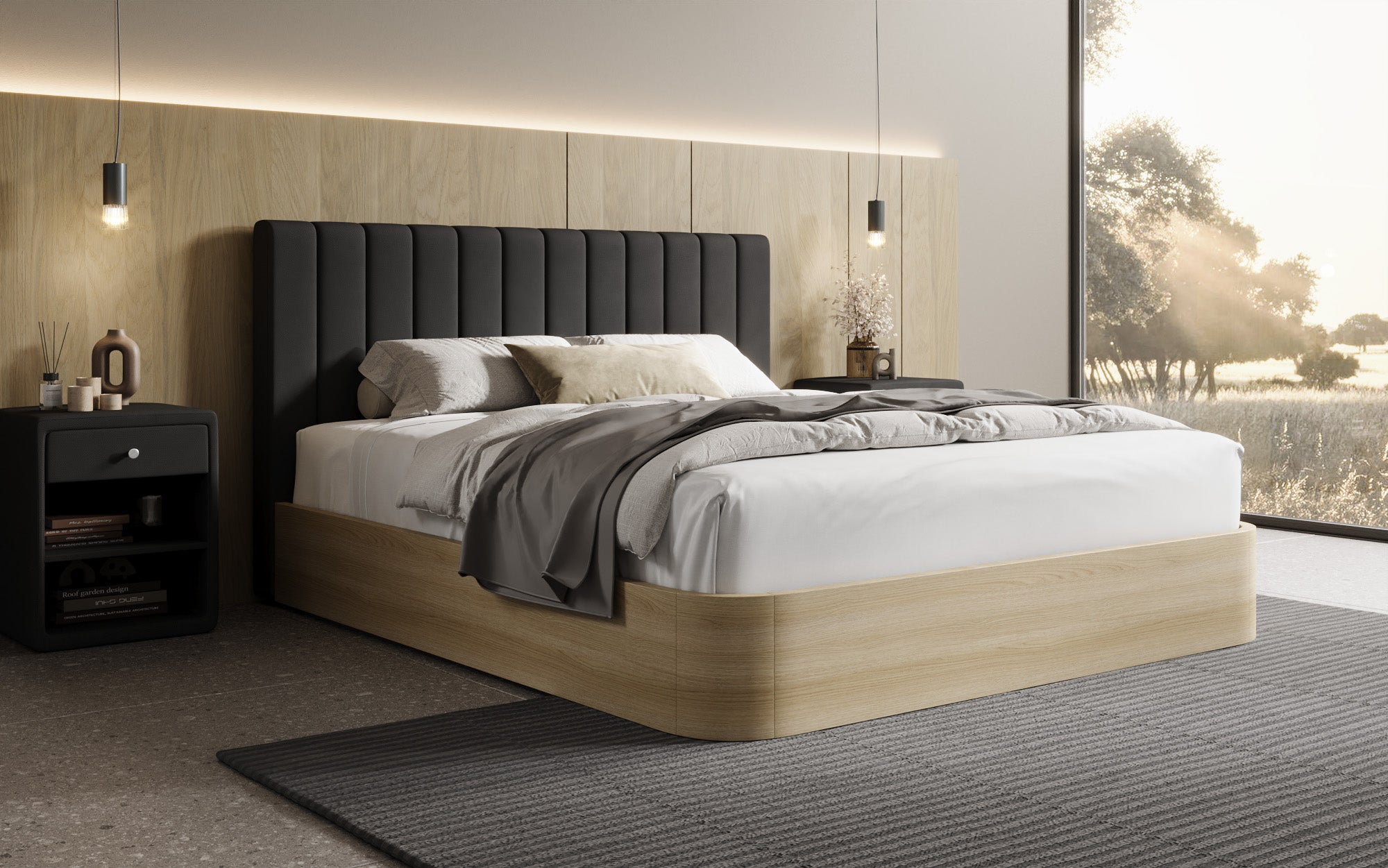 Designer gestoffeerd bed Fiore Linea in Stof met opbergruimte