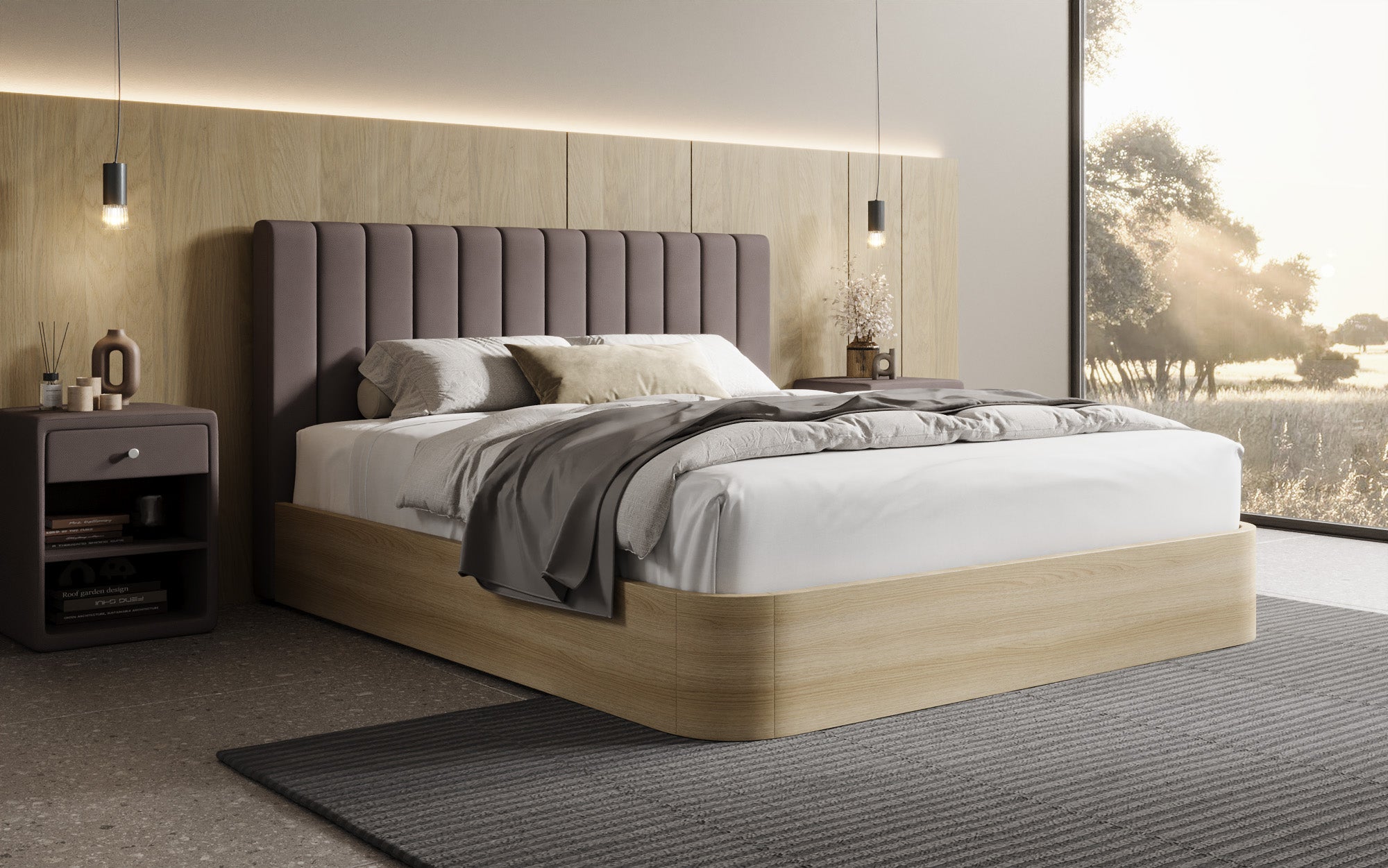 Designer gestoffeerd bed Fiore Linea in Stof met opbergruimte