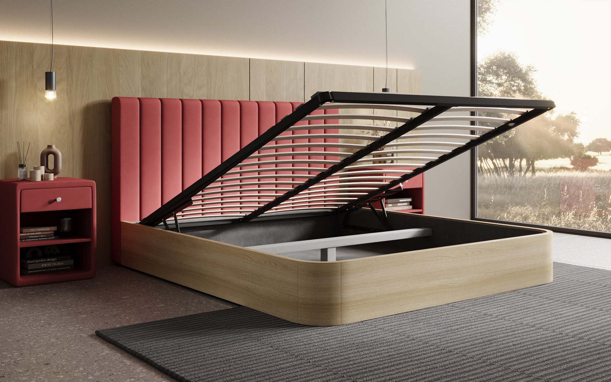 Designer gestoffeerd bed Fiore Linea in Stof met opbergruimte