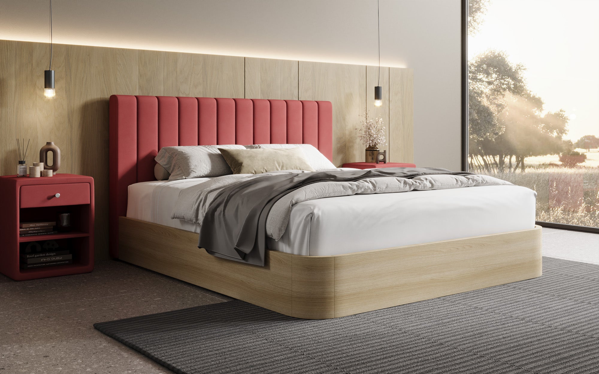 Designer gestoffeerd bed Fiore Linea in Stof met opbergruimte