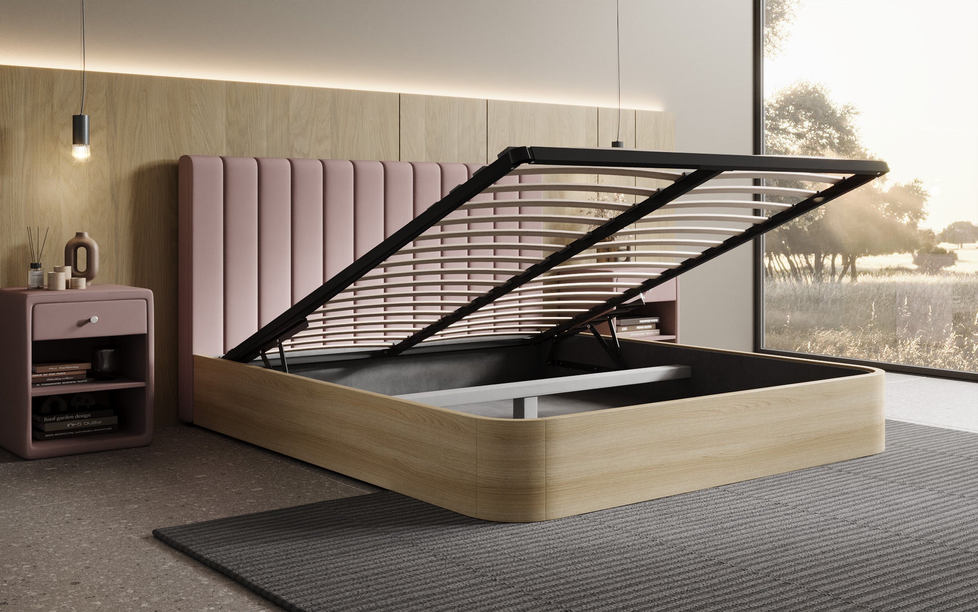 Designer gestoffeerd bed Fiore Linea in Stof met opbergruimte