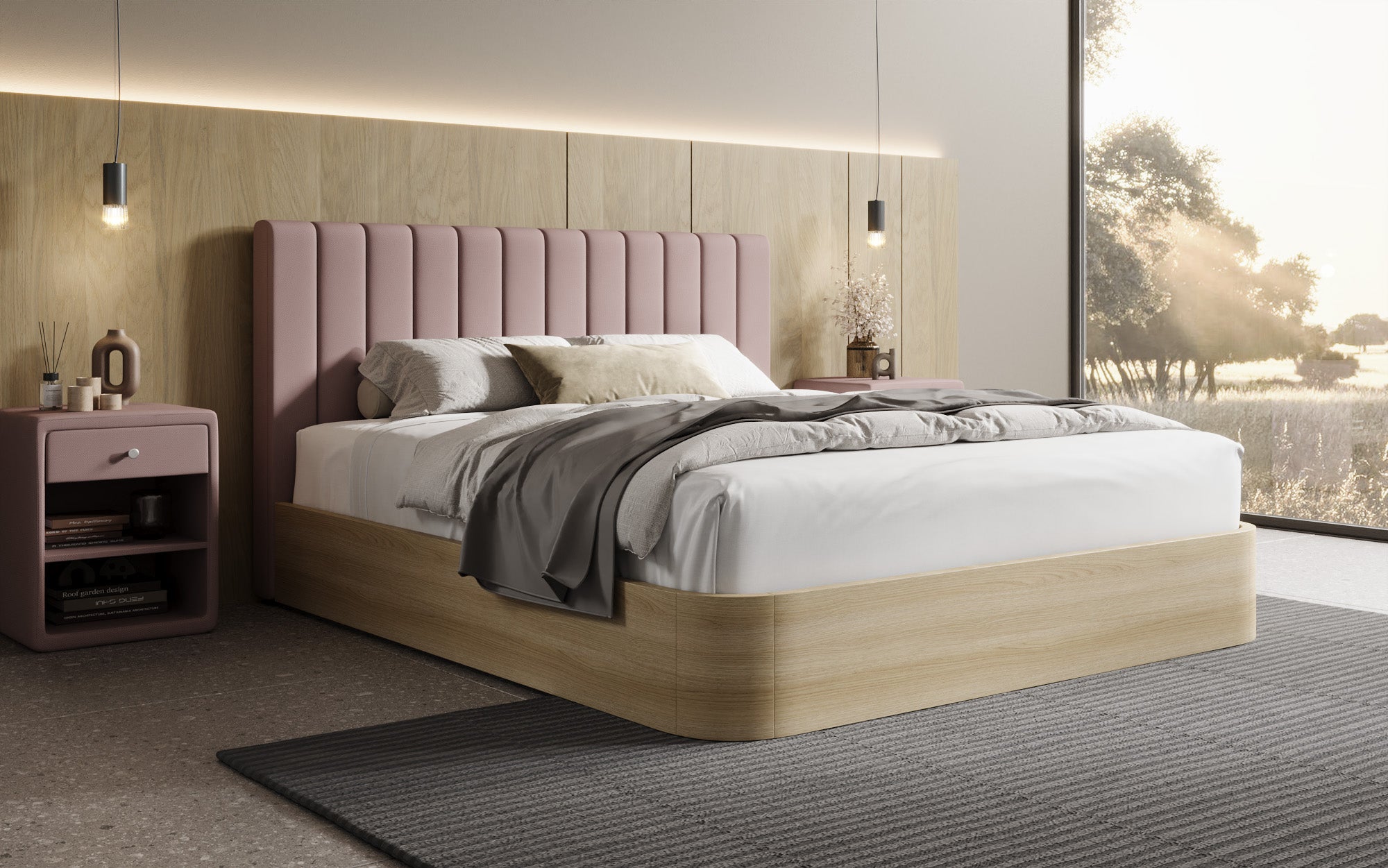 Designer gestoffeerd bed Fiore Linea in Stof met opbergruimte