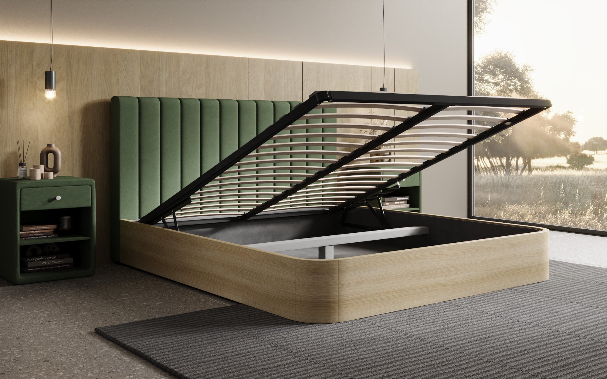 Designer gestoffeerd bed Fiore Linea in Stof met opbergruimte