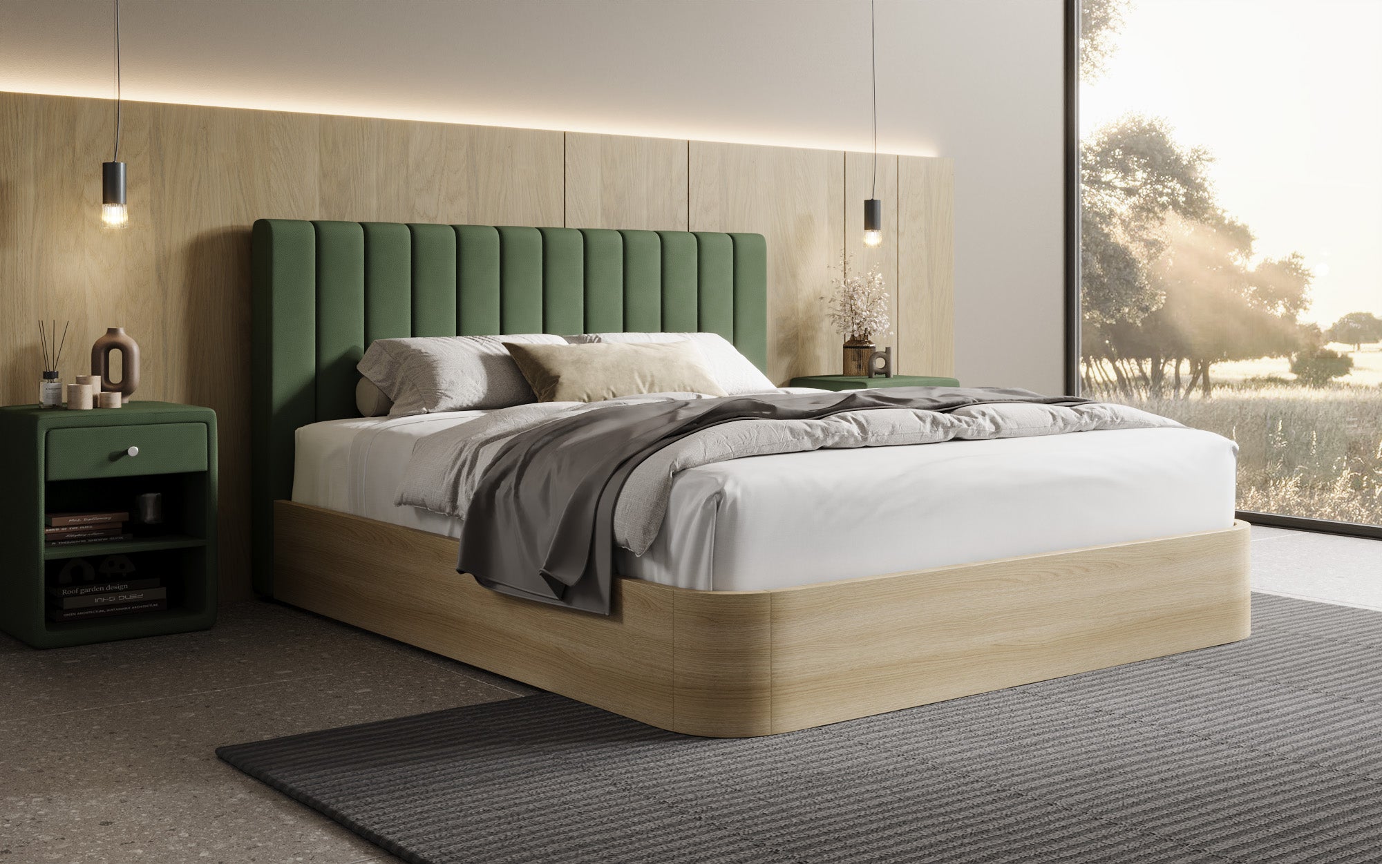 Designer gestoffeerd bed Fiore Linea in Stof met opbergruimte