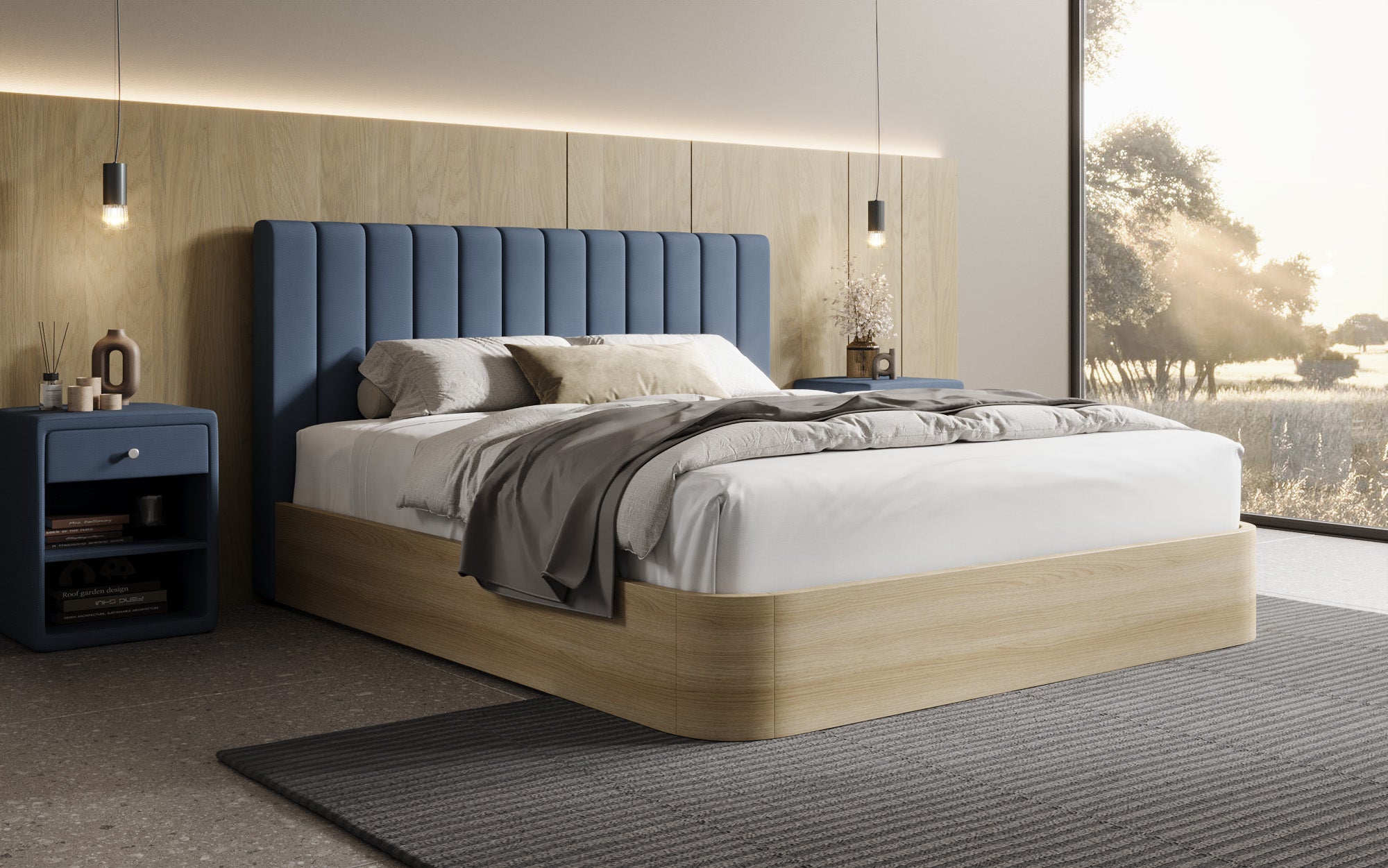 Designer gestoffeerd bed Fiore Linea in Stof met opbergruimte