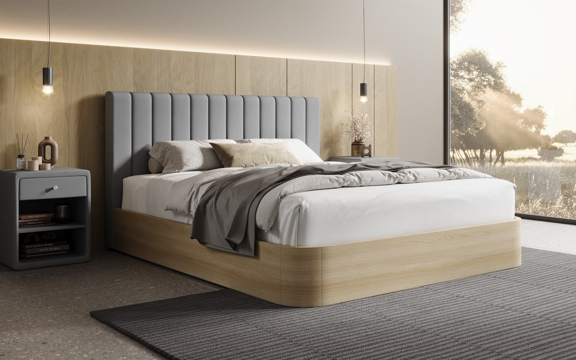 Designer gestoffeerd bed Fiore Linea in Stof met opbergruimte