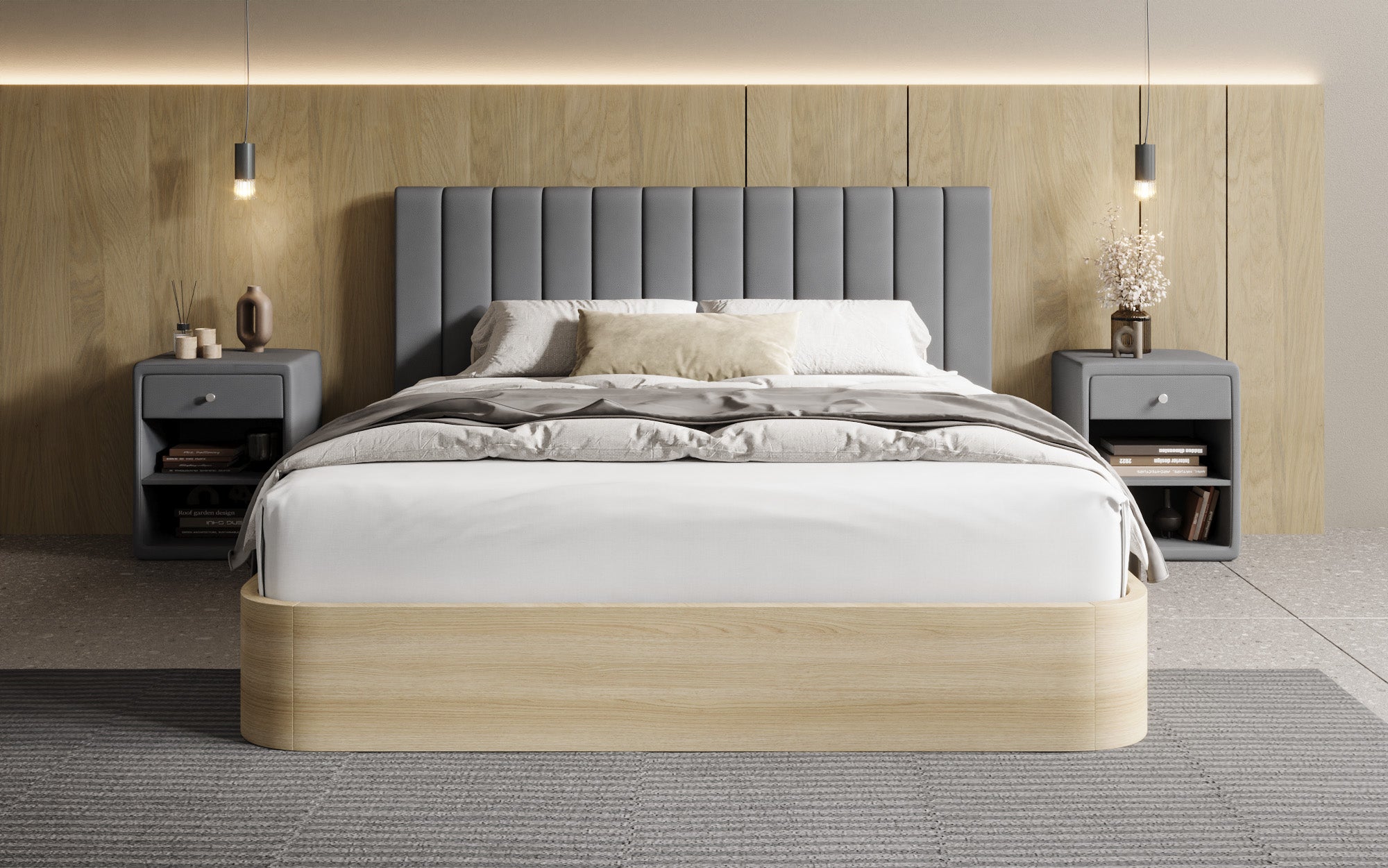Designer gestoffeerd bed Fiore Linea in Stof met opbergruimte