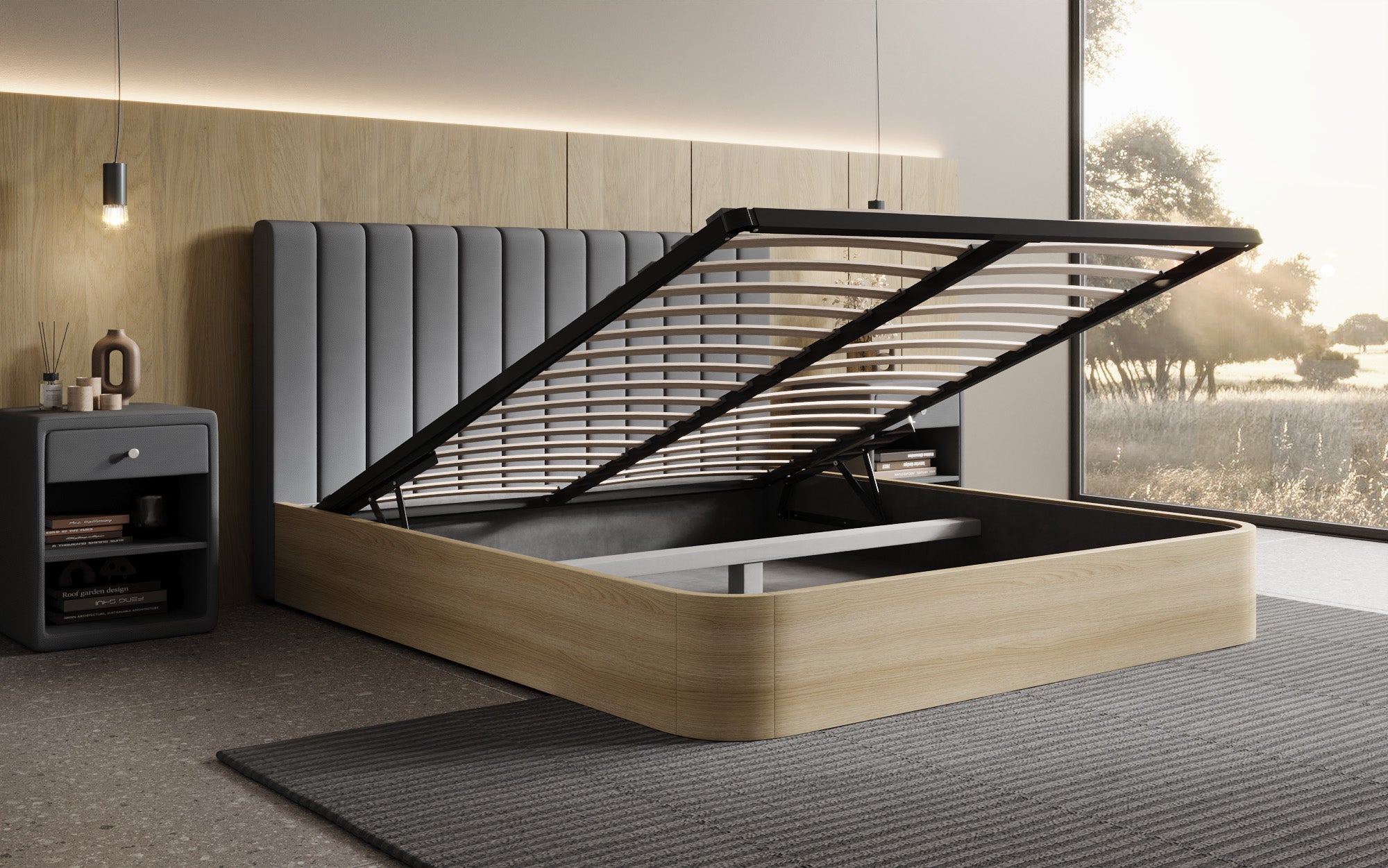 Designer gestoffeerd bed Fiore Linea in Stof met opbergruimte