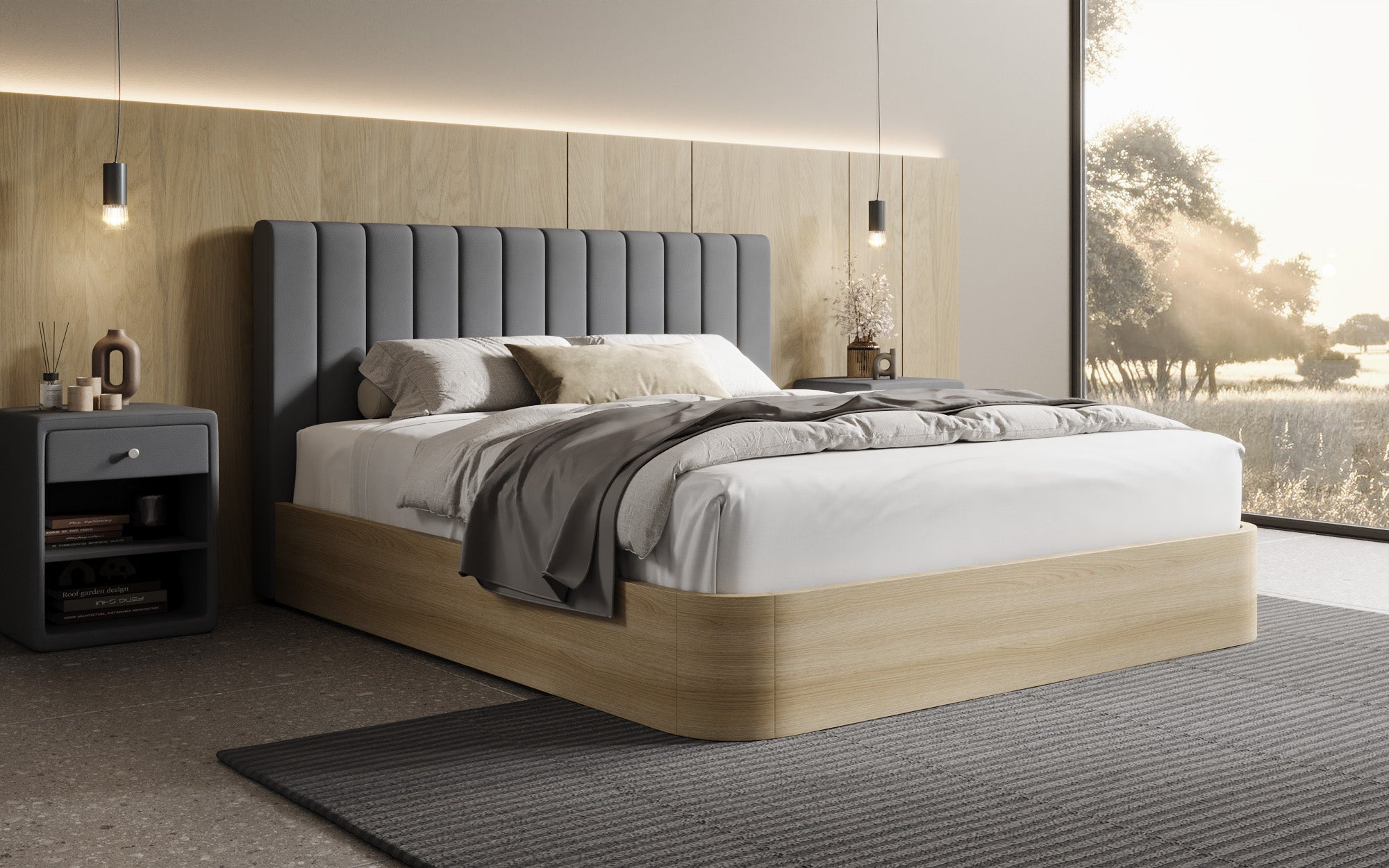 Designer gestoffeerd bed Fiore Linea in Stof met opbergruimte