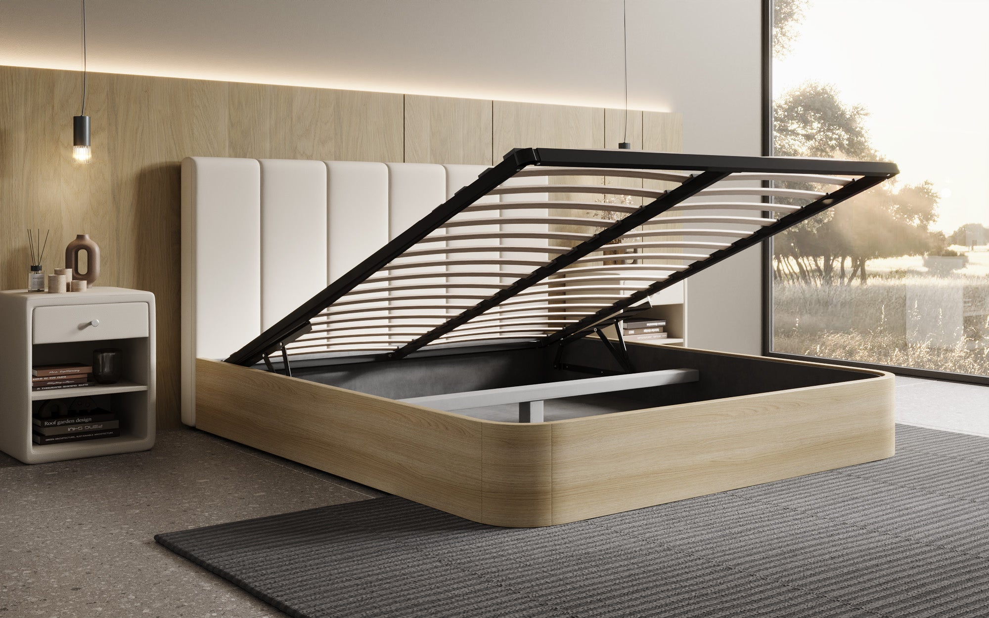 Designer gestoffeerd bed Fiore Piano in Stof met opbergruimte