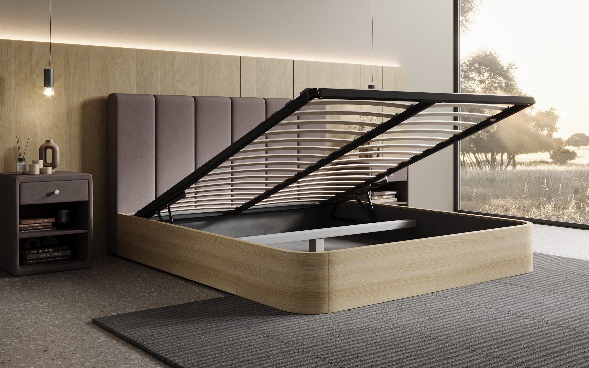 Designer gestoffeerd bed Fiore Piano in Stof met opbergruimte