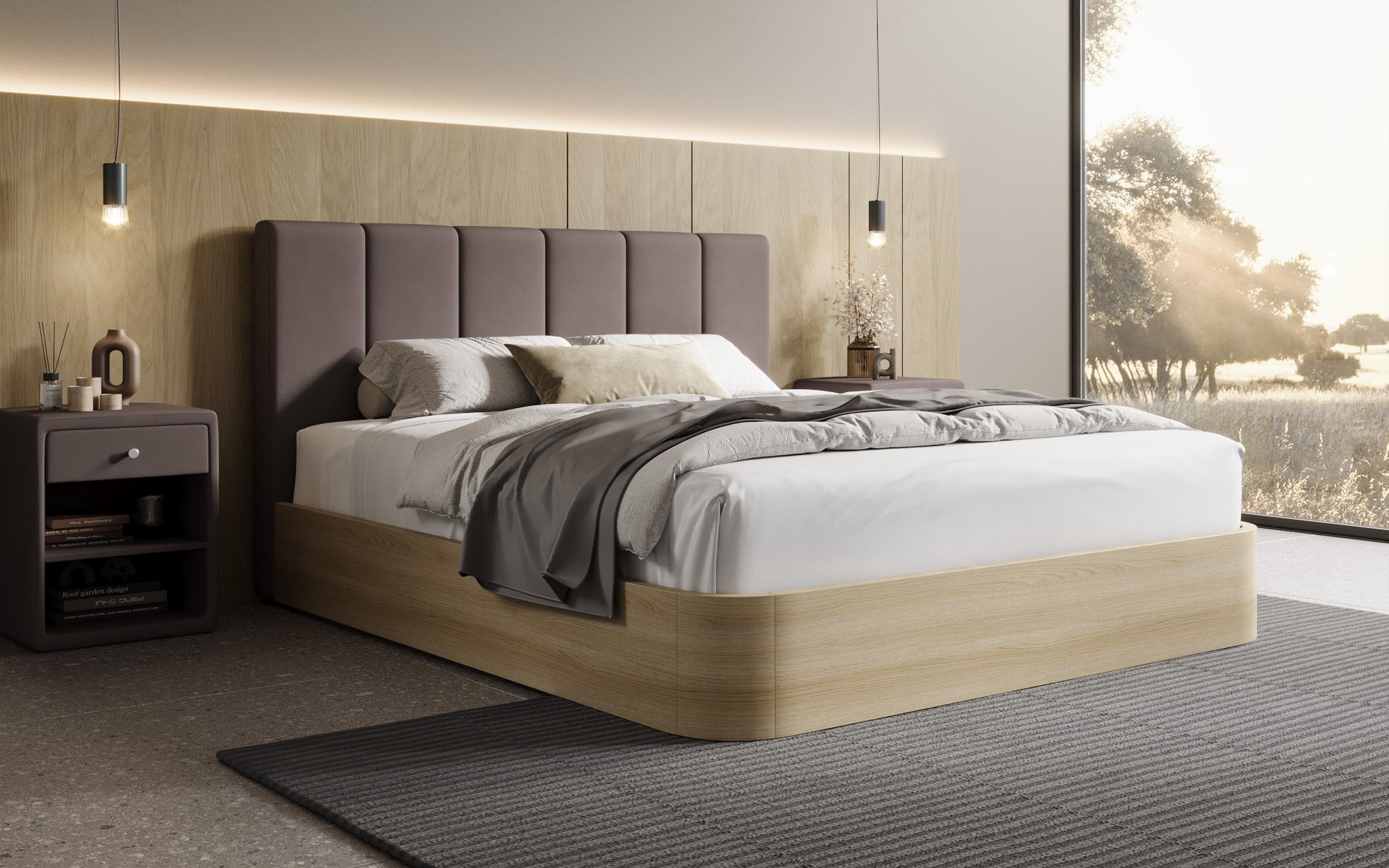 Designer gestoffeerd bed Fiore Piano in Stof met opbergruimte