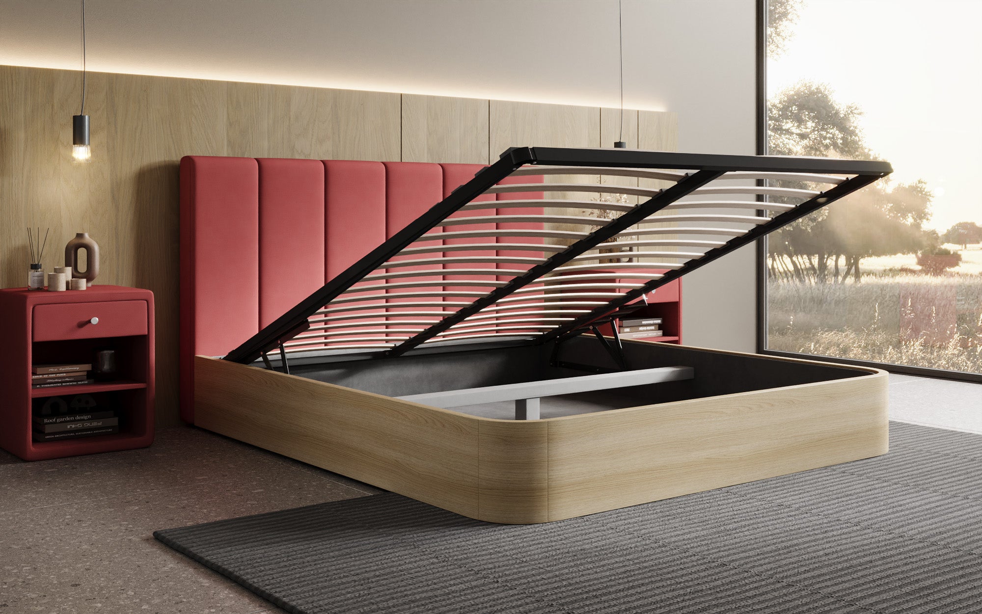 Designer gestoffeerd bed Fiore Piano in Stof met opbergruimte