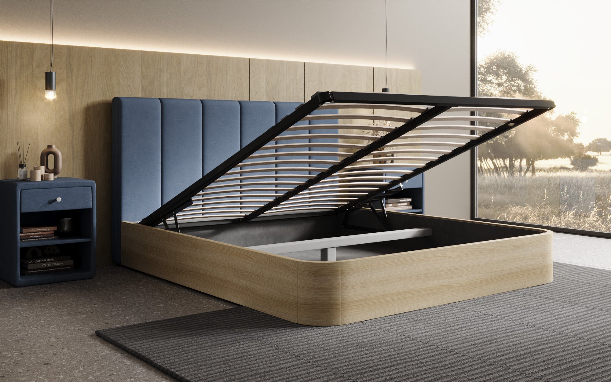 Designer gestoffeerd bed Fiore Piano in Stof met opbergruimte