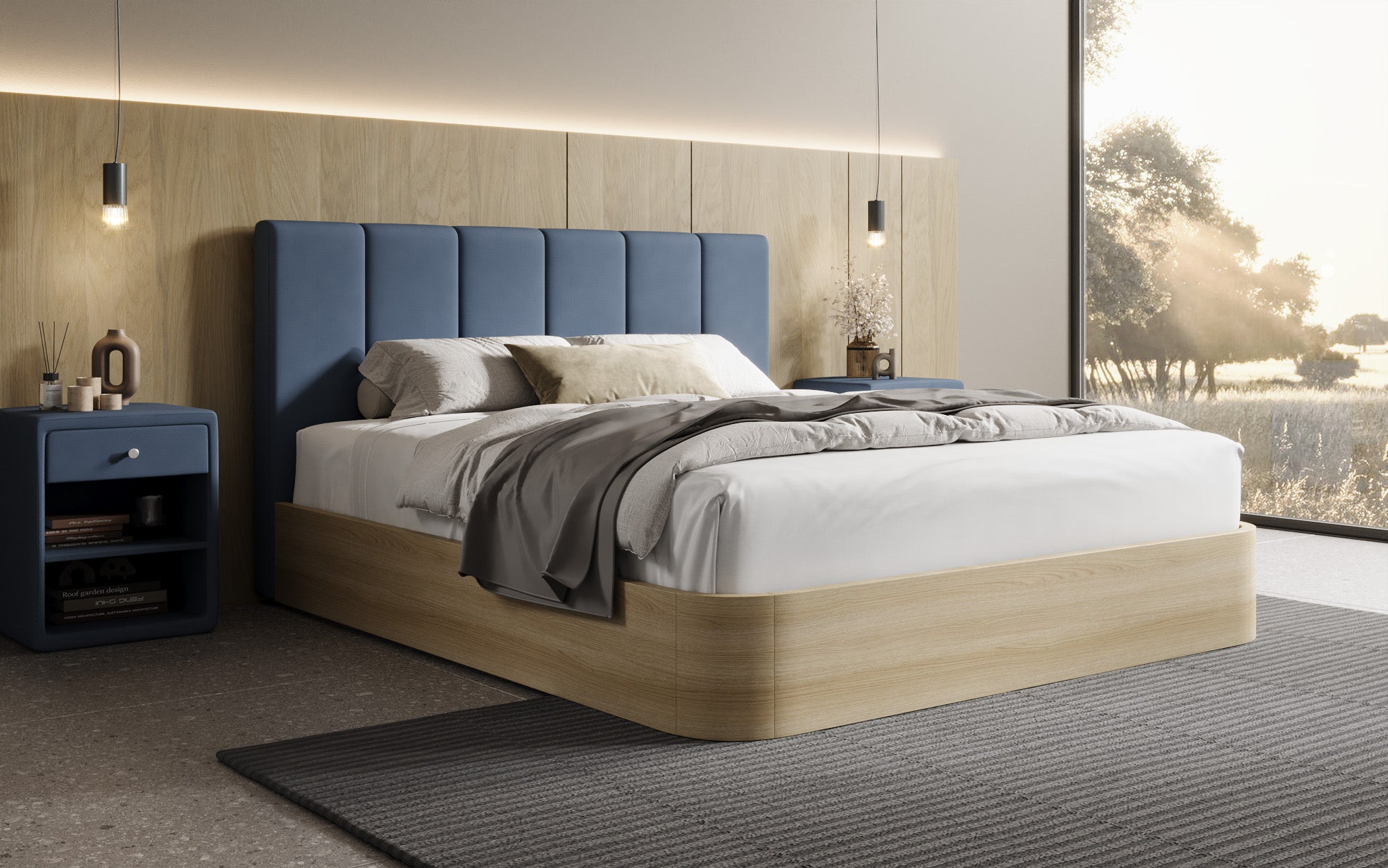 Designer gestoffeerd bed Fiore Piano in Stof met opbergruimte