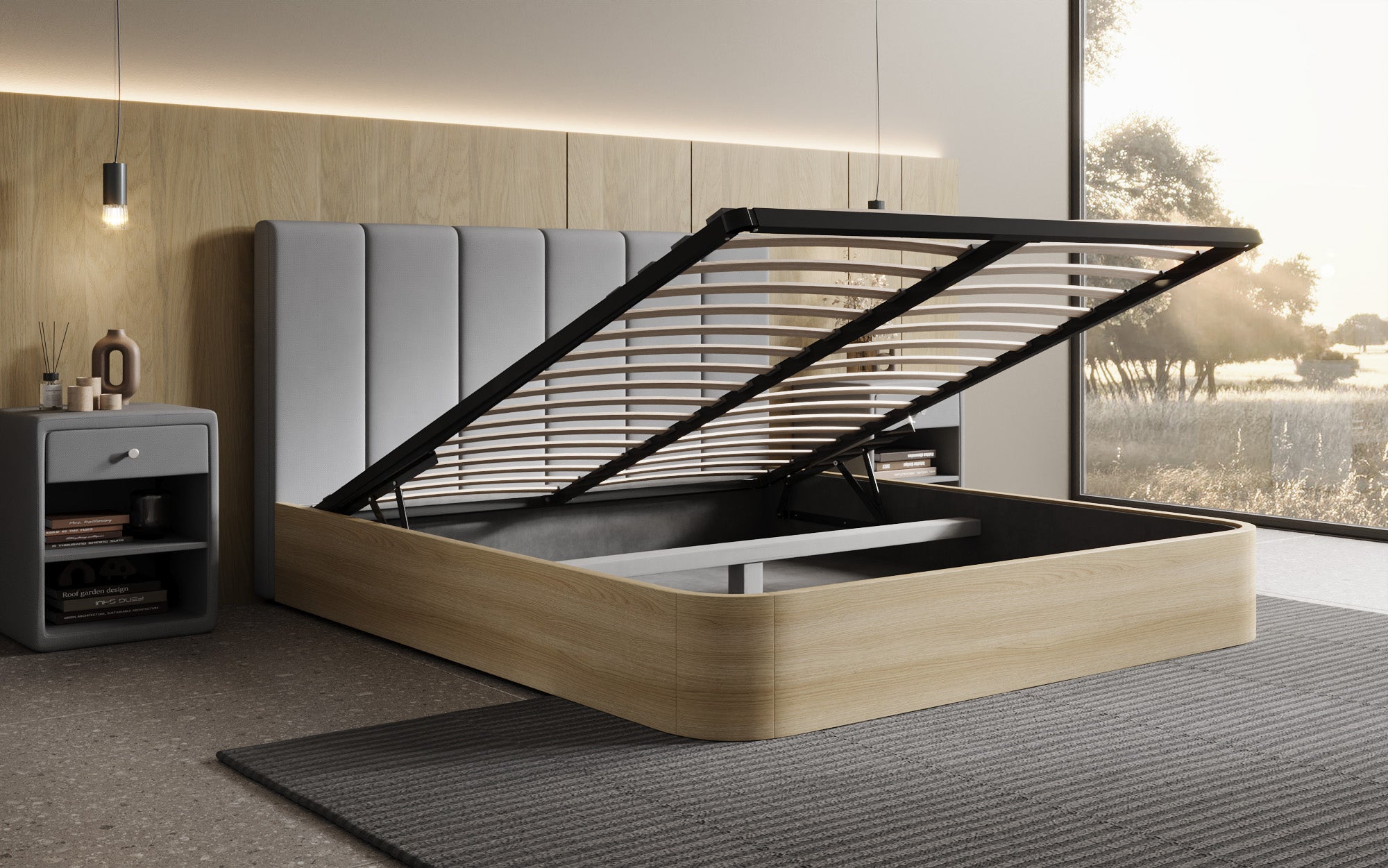 Designer gestoffeerd bed Fiore Piano in Stof met opbergruimte