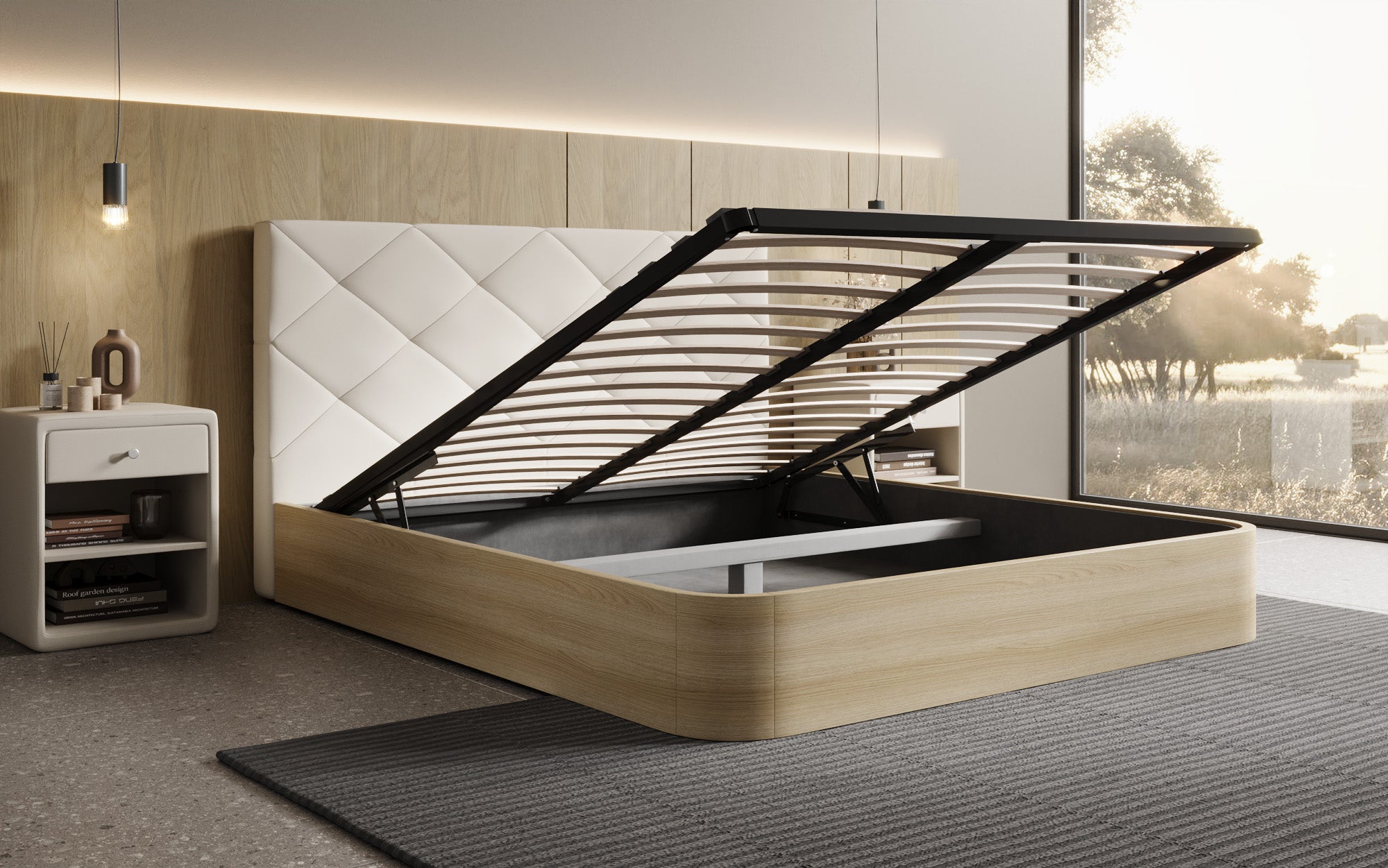 Designer gestoffeerd bed Fiore Caro in Stof met opbergruimte