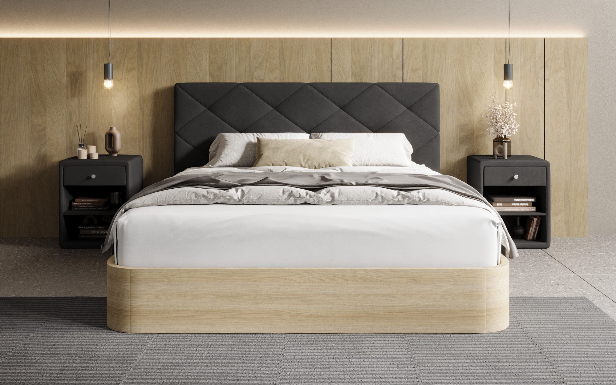 Designer gestoffeerd bed Fiore Caro in Stof met opbergruimte