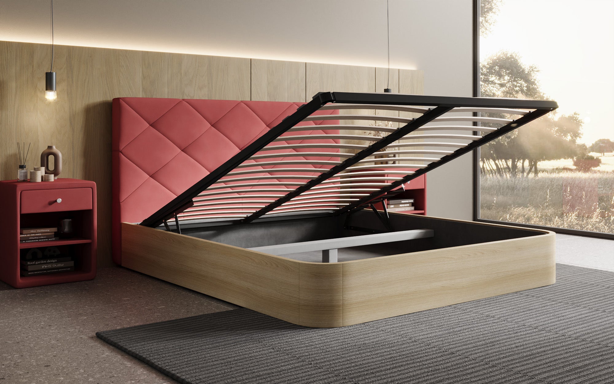 Designer gestoffeerd bed Fiore Caro in Stof met opbergruimte