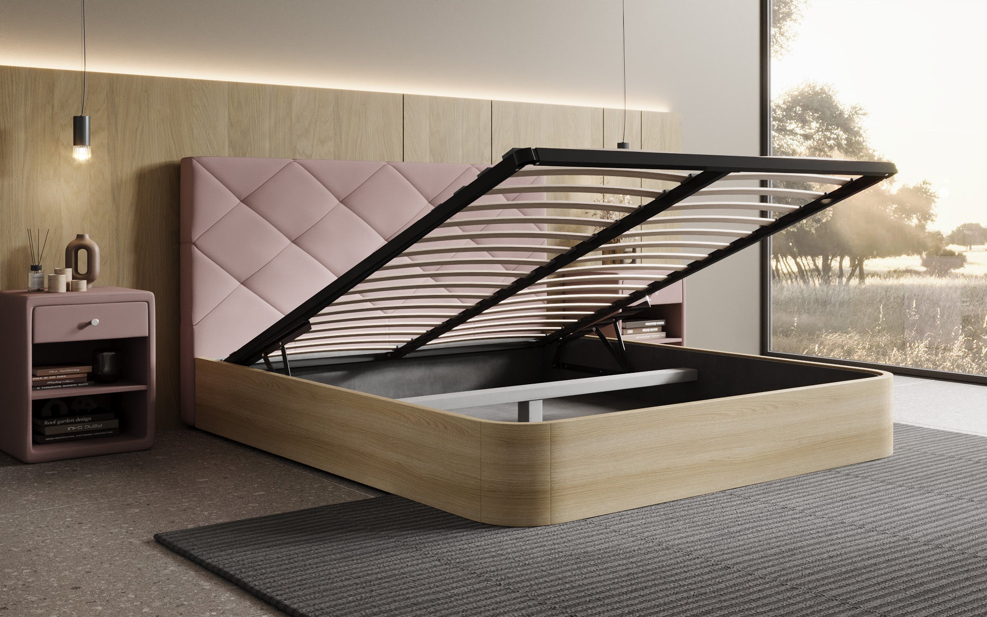 Designer gestoffeerd bed Fiore Caro in Stof met opbergruimte