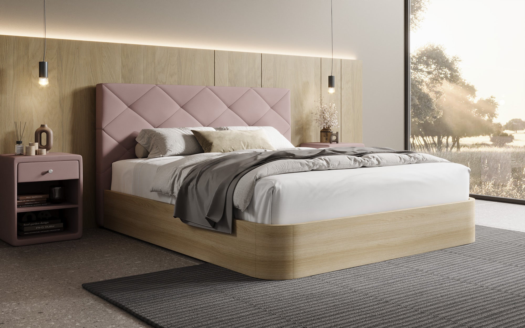 Designer gestoffeerd bed Fiore Caro in Stof met opbergruimte