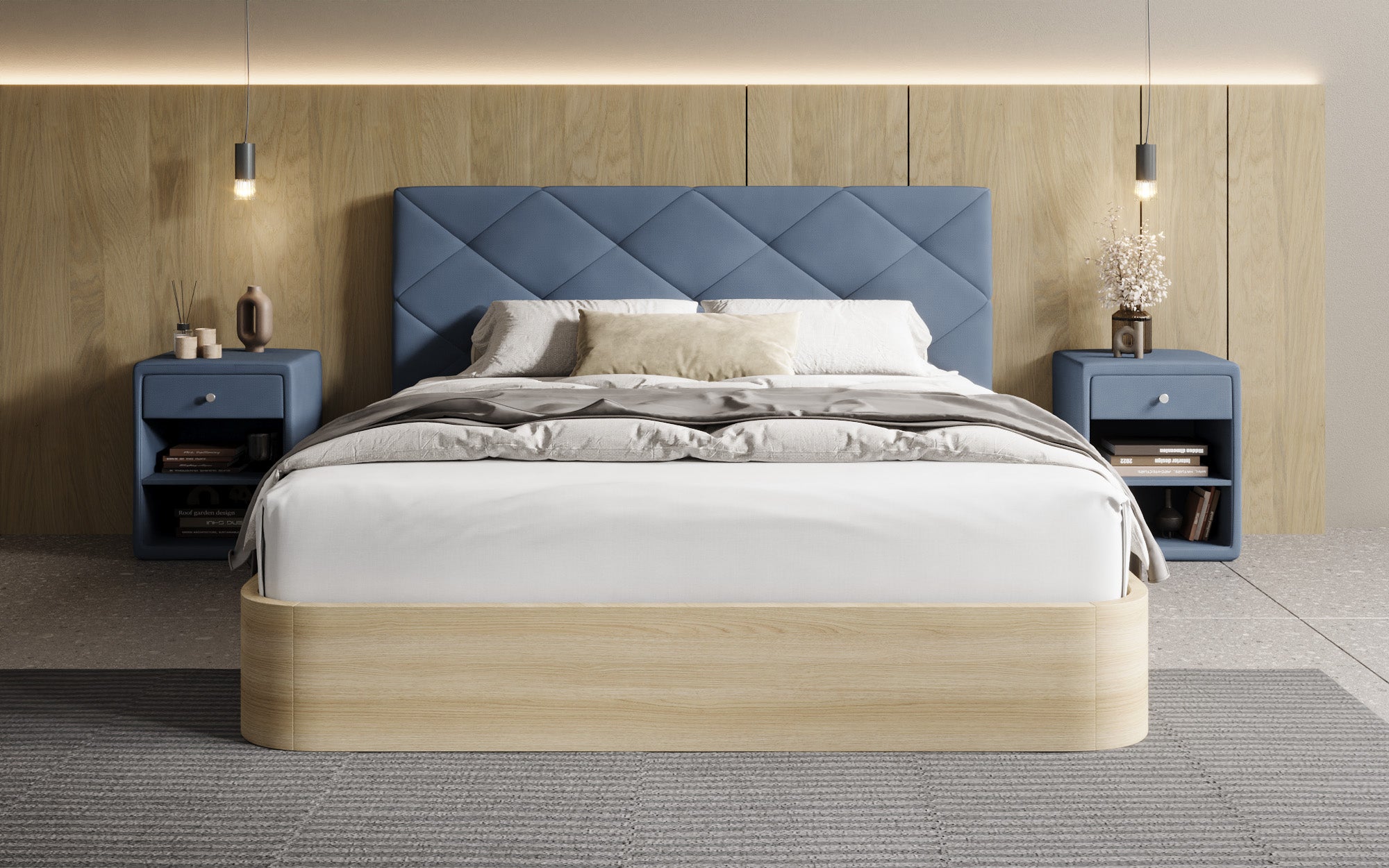 Designer gestoffeerd bed Fiore Caro in Stof met opbergruimte