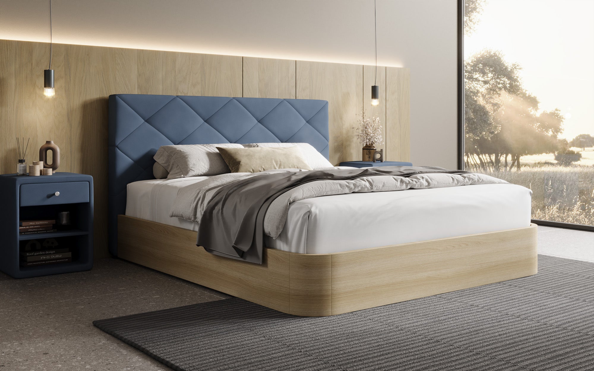 Designer gestoffeerd bed Fiore Caro in Stof met opbergruimte