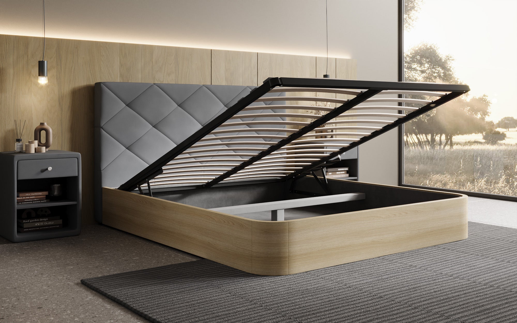 Designer gestoffeerd bed Fiore Caro in Stof met opbergruimte