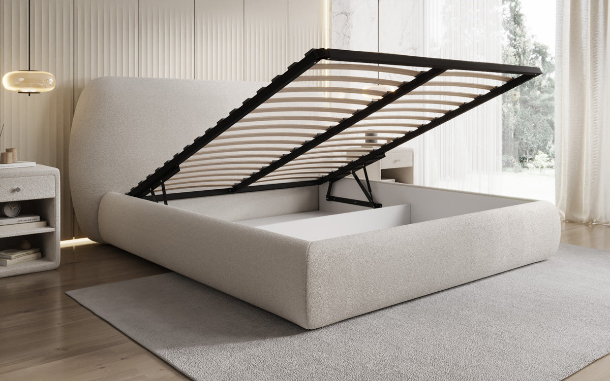 Designer gestoffeerd bed Nella in Teddystof Bouclé met opbergruimte