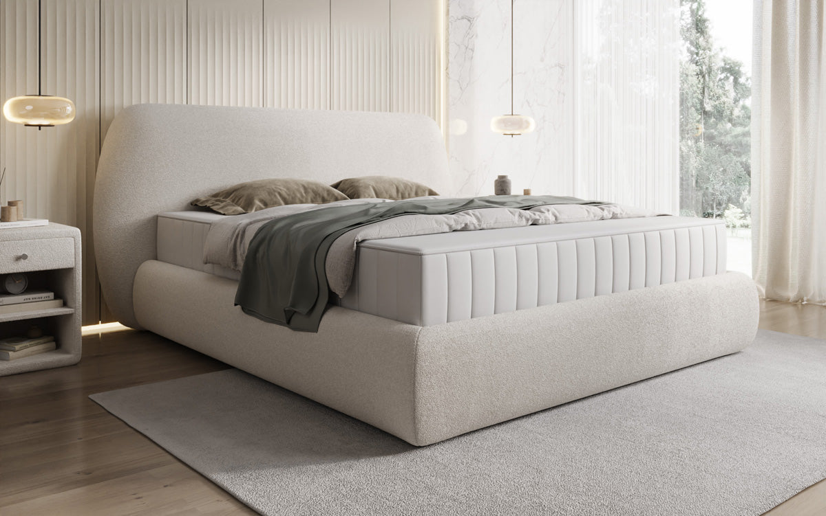 Designer gestoffeerd bed Nella in Teddystof Bouclé met opbergruimte