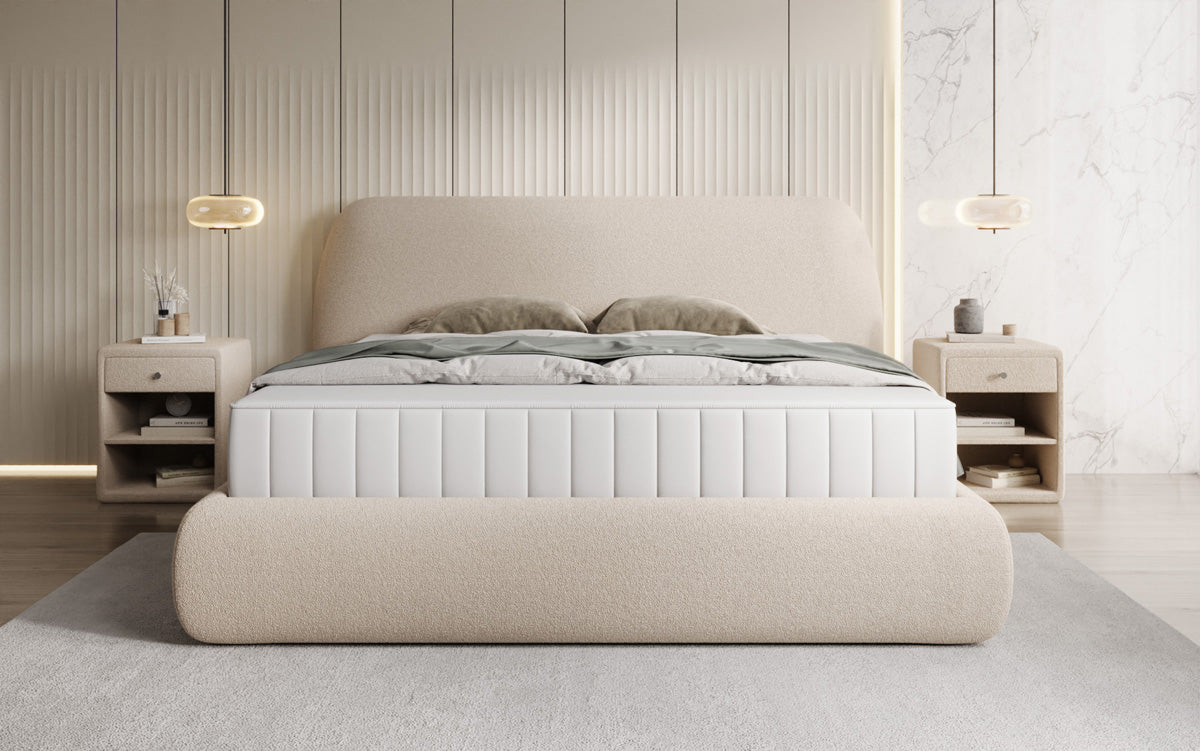 Designer gestoffeerd bed Nella in Teddystof Bouclé met opbergruimte