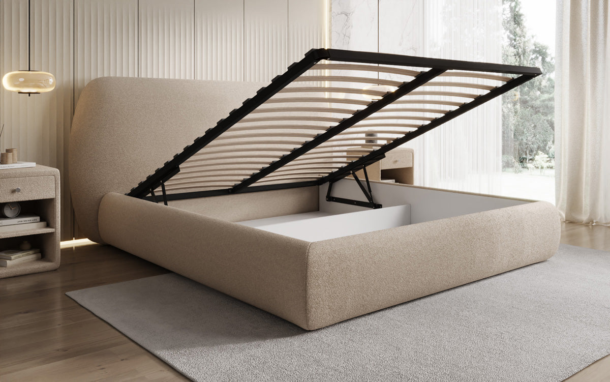 Designer gestoffeerd bed Nella in Teddystof Bouclé met opbergruimte