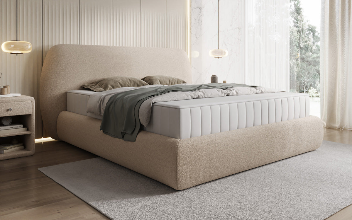 Designer gestoffeerd bed Nella in Teddystof Bouclé met opbergruimte