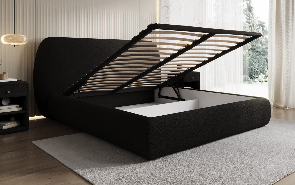 Designer gestoffeerd bed Nella in Teddystof Bouclé met opbergruimte