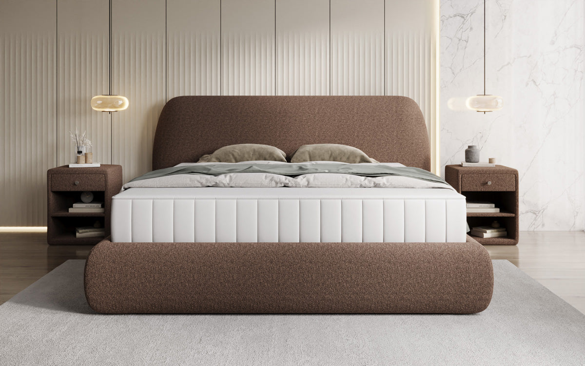 Designer gestoffeerd bed Nella in Teddystof Bouclé met opbergruimte
