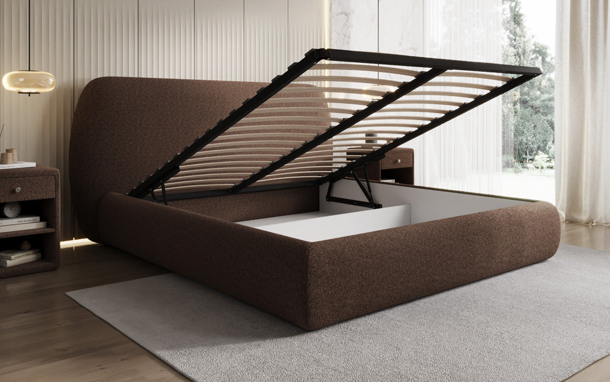 Designer gestoffeerd bed Nella in Teddystof Bouclé met opbergruimte