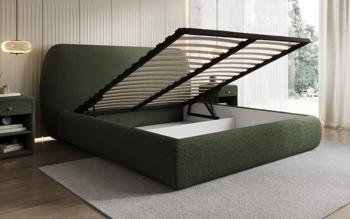 Designer gestoffeerd bed Nella in Teddystof Bouclé met opbergruimte
