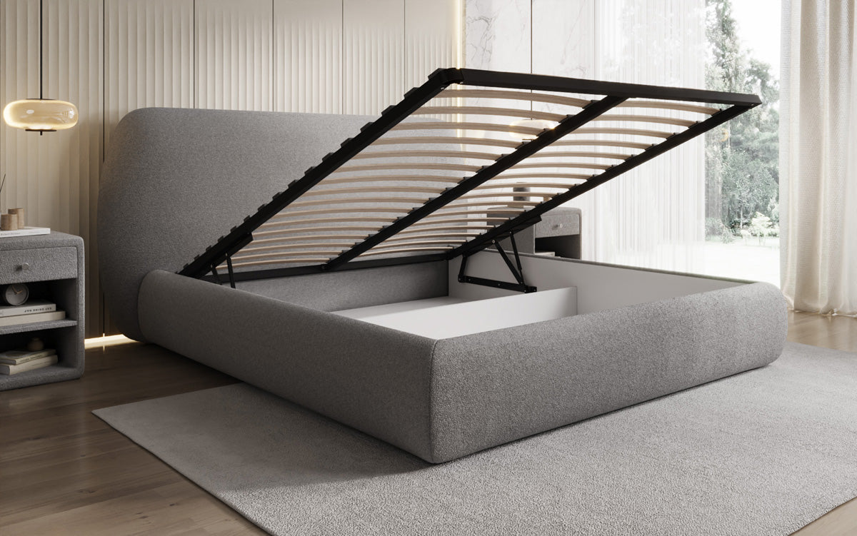 Designer gestoffeerd bed Nella in Teddystof Bouclé met opbergruimte