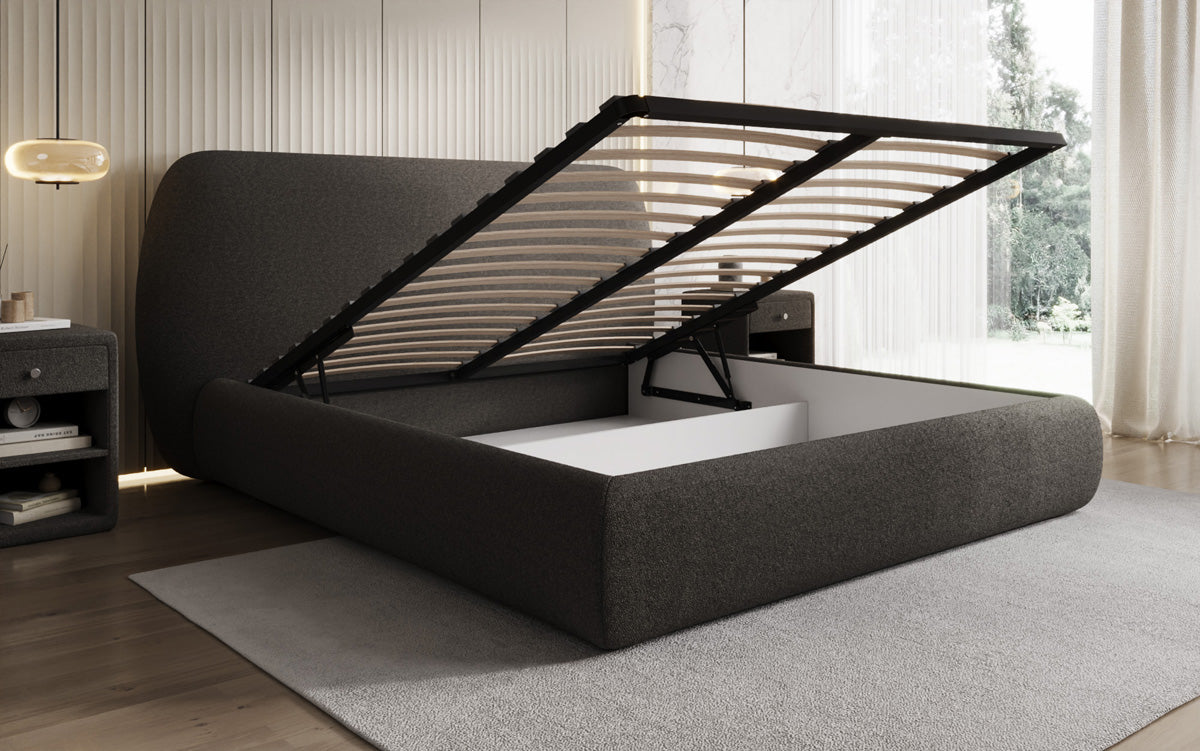 Designer gestoffeerd bed Nella in Teddystof Bouclé met opbergruimte