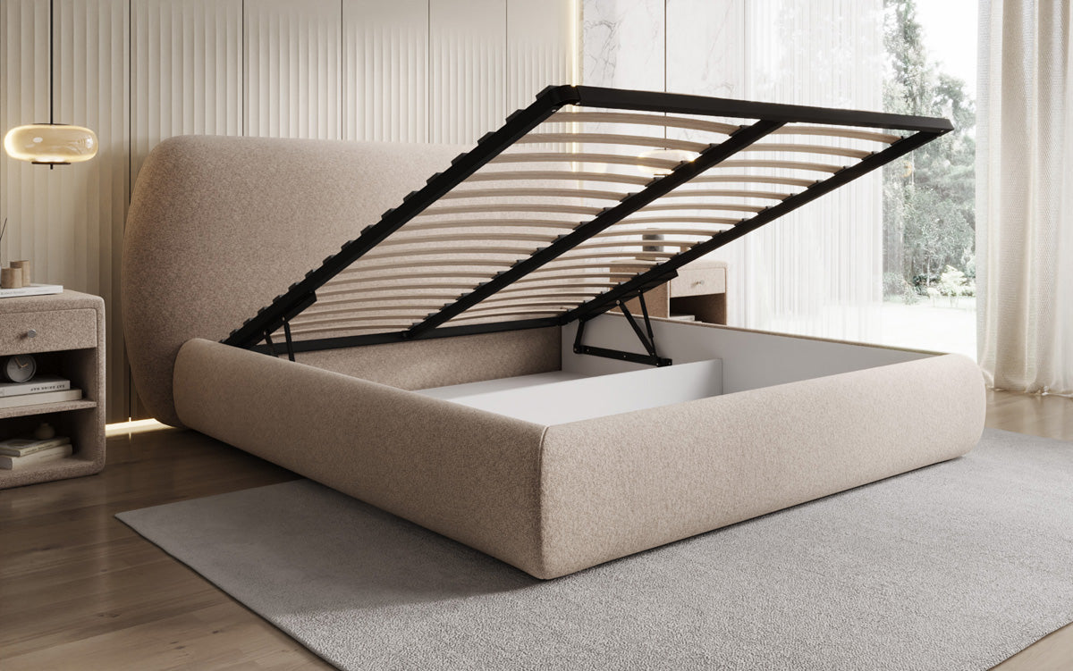 Designer gestoffeerd bed Nella in structuurstof met opbergruimte