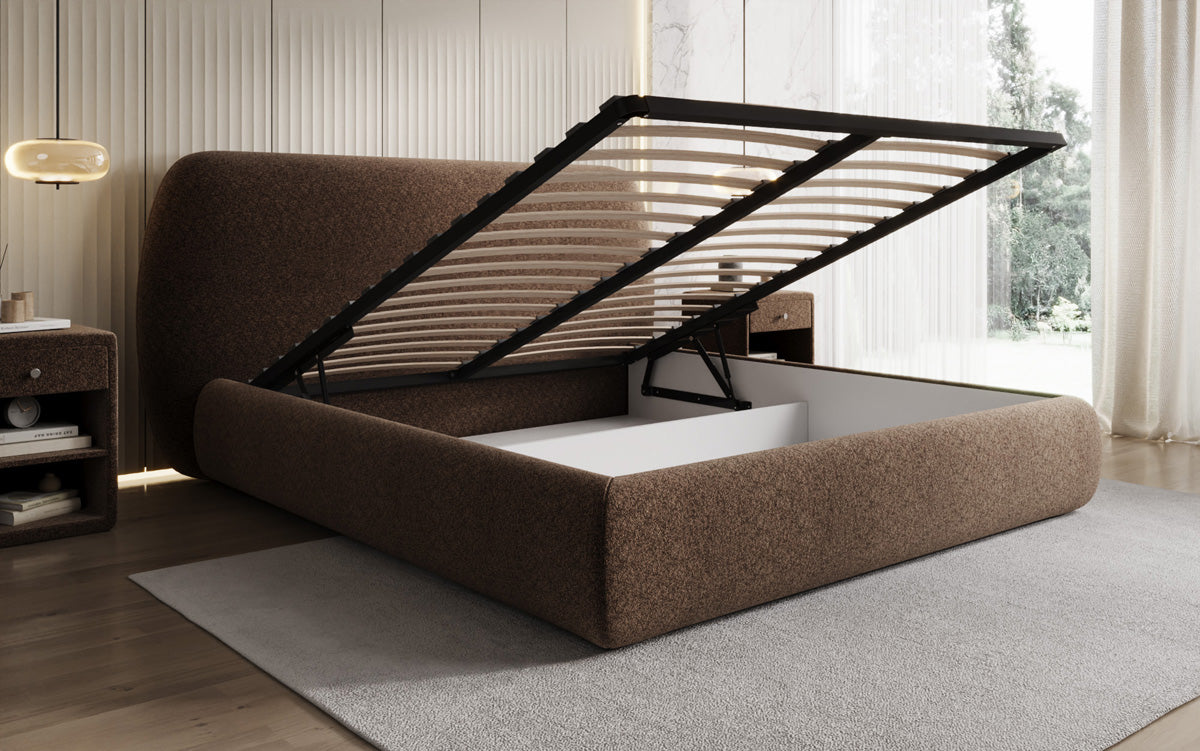 Designer gestoffeerd bed Nella in structuurstof met opbergruimte