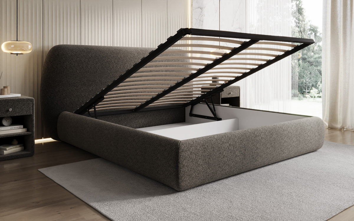 Designer gestoffeerd bed Nella in structuurstof met opbergruimte